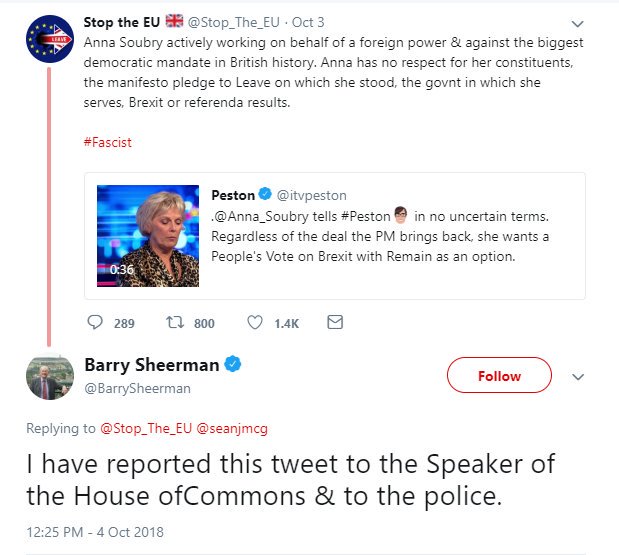 PaulEmbery's tweet photo. This is absolutely insane. A Twitter user gives Tory MP Anna Soubry a bit of flak for supporting the EU over the British government. So a Labour MP decides to report him/her to the police.

What planet are these people on? https://t.co/f5O3lIdeNa