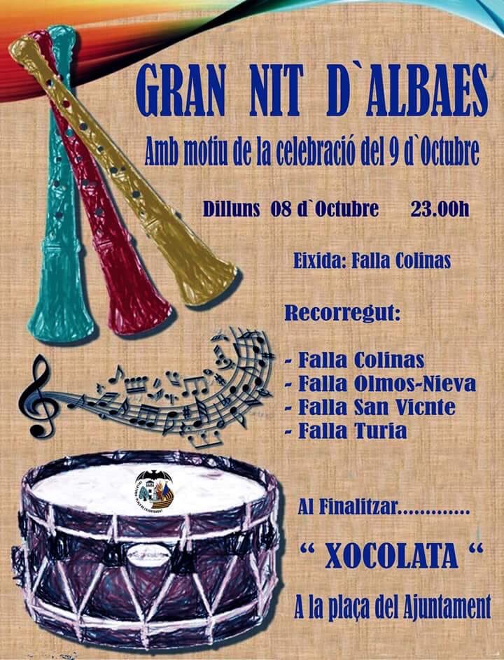 Falla_Colinas's tweet photo. Agradecemos a Miguel Angel Peñas de la #FallaTuria la elaboración y diseño del cartel conmemorativo de este próximo lunes, y con motivo del 9 d'Octubre, día grande de valencianas y valencianos, #GRAN_NIT_d_ALBAES 
Lugar de salida: Casal Falla Colinas https://t.co/10PBTGo1cV