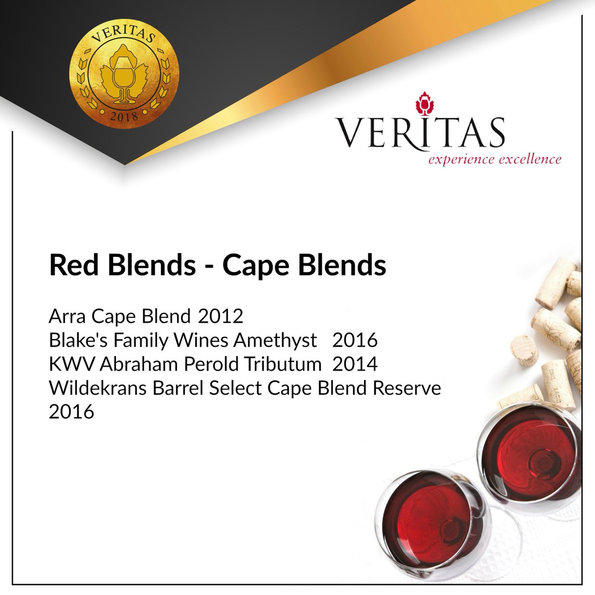 veritasawards's tweet photo. #Veritas2018 – Gold Medal Winners: Red Blends – Cape Blends 
Congratulations - 
@ArraWines 
@BlakeFamilyWine 
@KWVwines 
@WildekransWines https://t.co/BWitRM2ftw