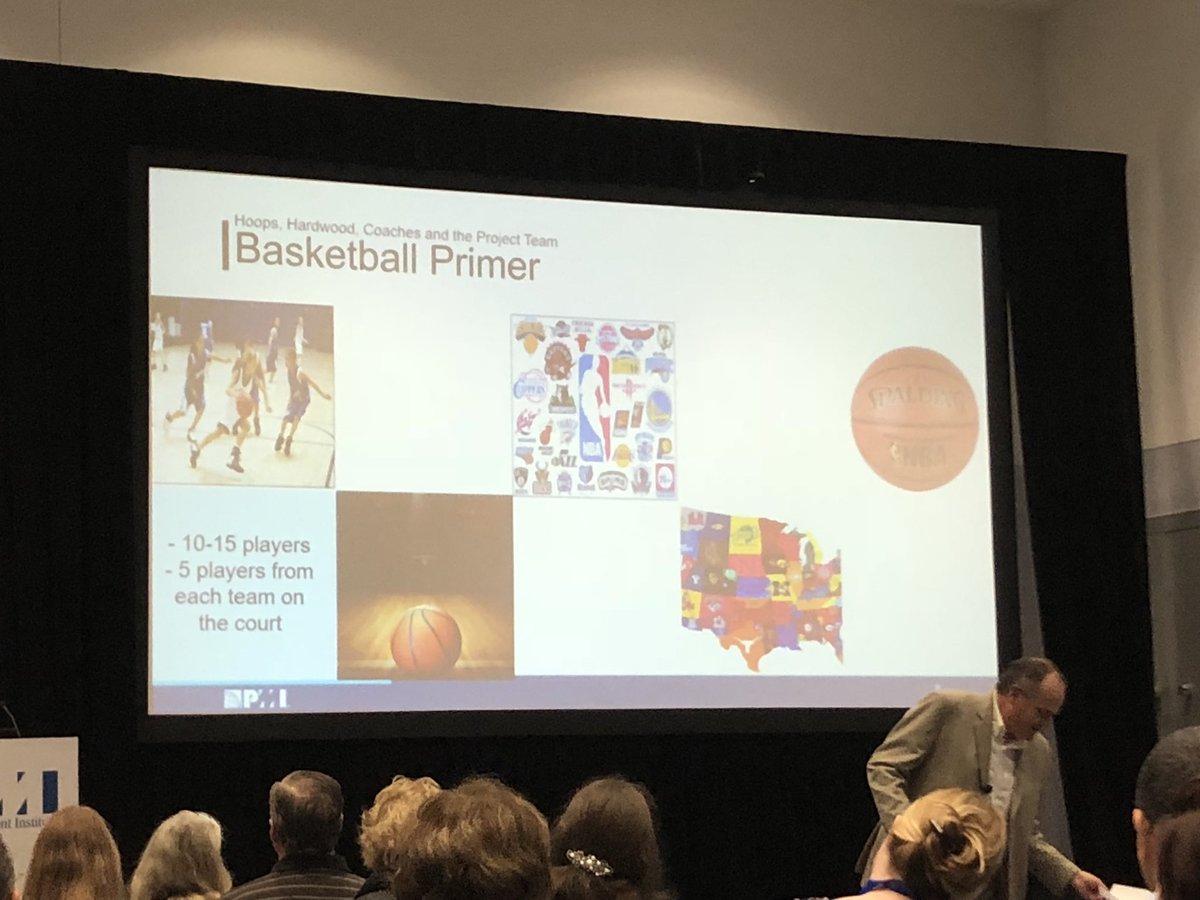 SaraGallagherPM's tweet photo. Ok, I really appreciate that Reed Shell is giving us a “basketball primer” before beginning this talk about great coaches! #imcluelessaboutbasketball #pmicon18 https://t.co/gkaROwFcSi