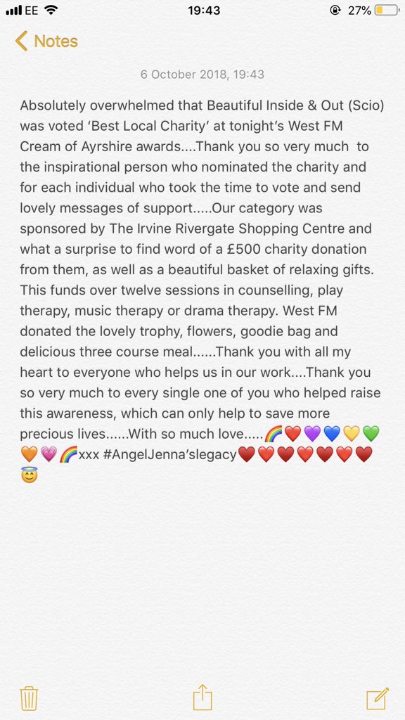 So proud of Pauline Moriarty, founder of Beautiful Inside &amp; Out, being voted Best Local Charity at <a href="/WestFM/">West</a> Cream of Ayrshire awards! Thank you so much to everyone who voted and for continuing to support our work ❤️