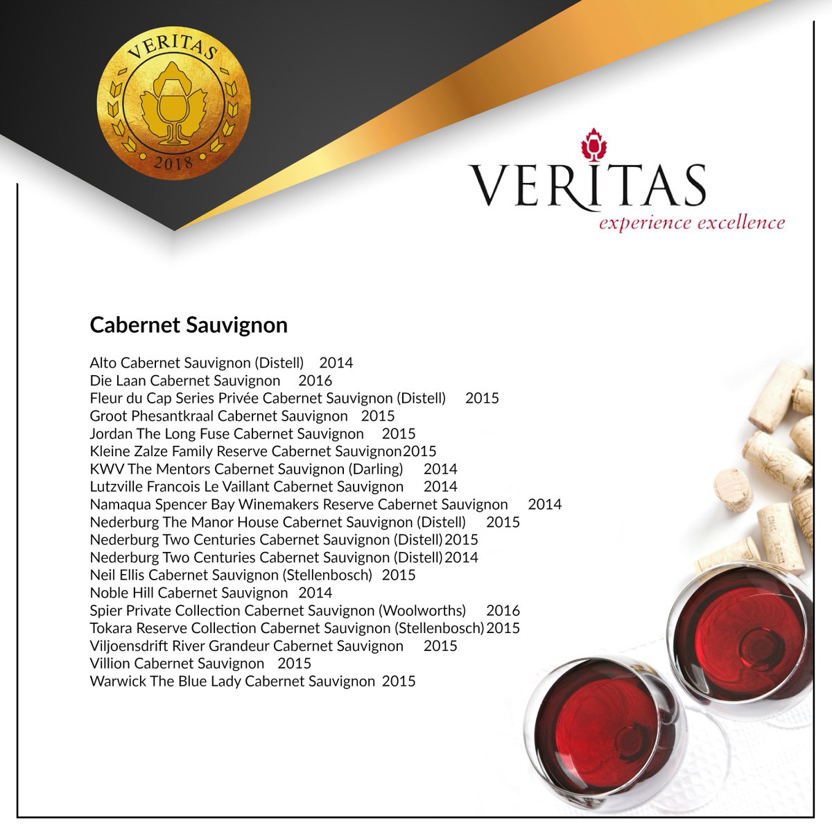 #Veritas2018 – Gold Medal Winners:  Cab Sauv
Congratulations - 
@AltoWines 
#DieLaan 
<a href="/FleurduCapWines/">Fleur du Cap</a> 
#GrootPhesantkraal 
<a href="/Jordan_Wines/">Jordan Wine Estate</a> 
<a href="/kleine_zalze/">Kleine Zalze</a>
<a href="/KWVwines/">KWV Classic Collection</a> 
<a href="/lutzvillewines/">Lutzville Wines</a> 
<a href="/Namaquawines/">Namaqua Boxed Wine</a> 
<a href="/Nederburg/">Nederburg Wines</a>