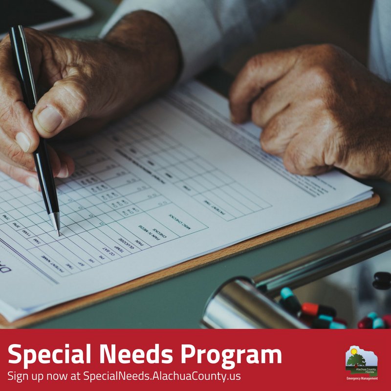 AlachuaCoEM's tweet image. Already registered for the Special Needs Program? Don&apos;t forget to update your information annually by visiting specialneeds.alachuacounty.us  #PrepareNow #HurricaneSmart #SpecialNeedsProgram