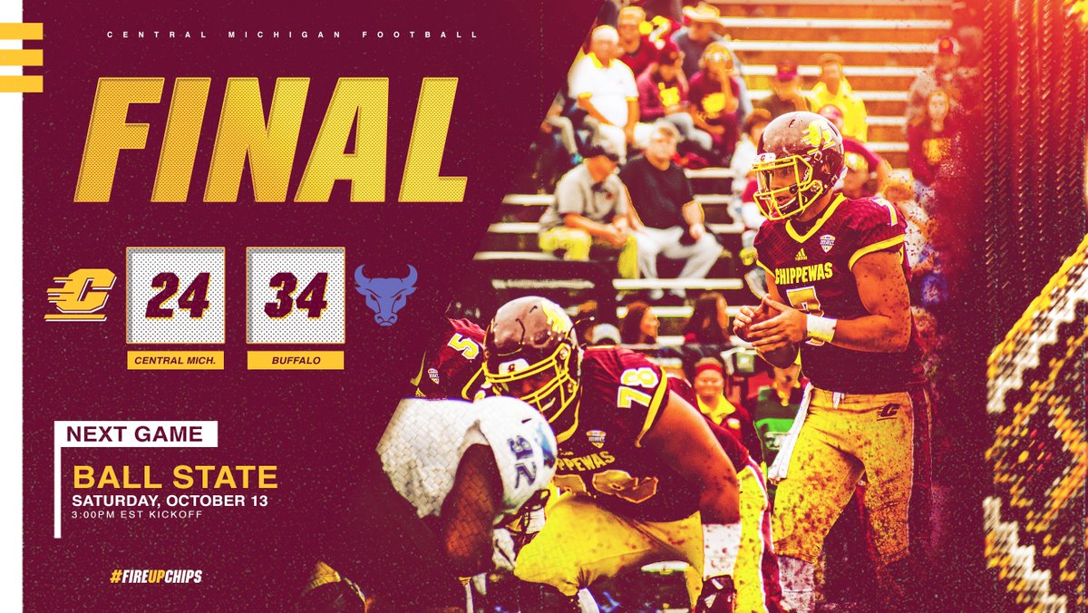 CMU_Football's tweet photo. The Chippewas fall to Buffalo. CMU will play Ball State next Saturday, October 13th. https://t.co/re4R1CfmOR
