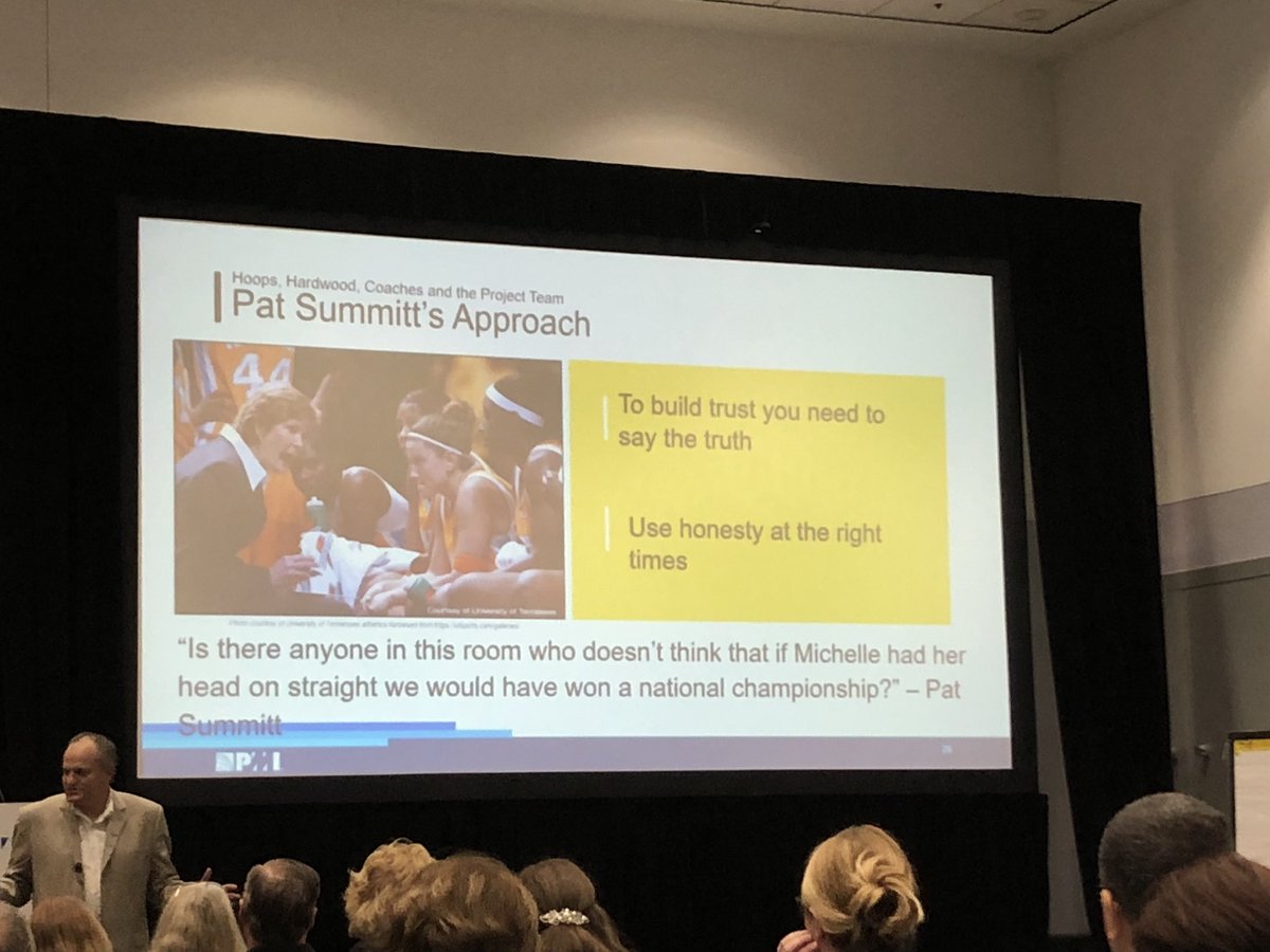 SaraGallagherPM's tweet photo. Wow. What an interesting approach from women’s basketball coach Pat Summitt. What do you think? Is it sometimes necessary to employ tough honesty, or should we follow coach John Wooden’s advice to “never criticize a teammate?” #PMIcon18 https://t.co/LTcAHLlsAO