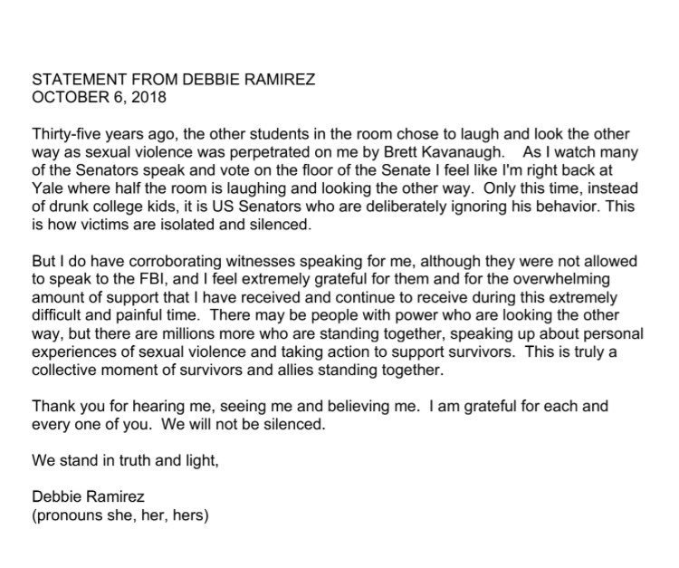 OneVenusThrow's tweet photo. Statement from #DebbieRamirez ahead of the Judge #Kavanaugh Confirmation vote.
-----------------------------------------------------------
#BelieveWomen #StopKavanaugh #KavanaughVote #MustRead #MeToo https://t.co/cgNIqWHkyT