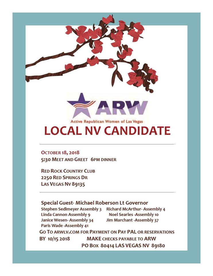 wesenfornevada's tweet photo. ARW (Active Republican Women of Las Vegas) invites you to meet and greet Local NV Candidates. 
October 18, 2018
5:00 p.m. meet and greet 
6:00 p.m dinner

Red Rock Country Club 
2250 Red Springs Dr. 
Las Vegas, NV 89135

Go to https://t.co/7wt9m7FrPf to purchase tickets https://t.co/Z3nMLsyIiD