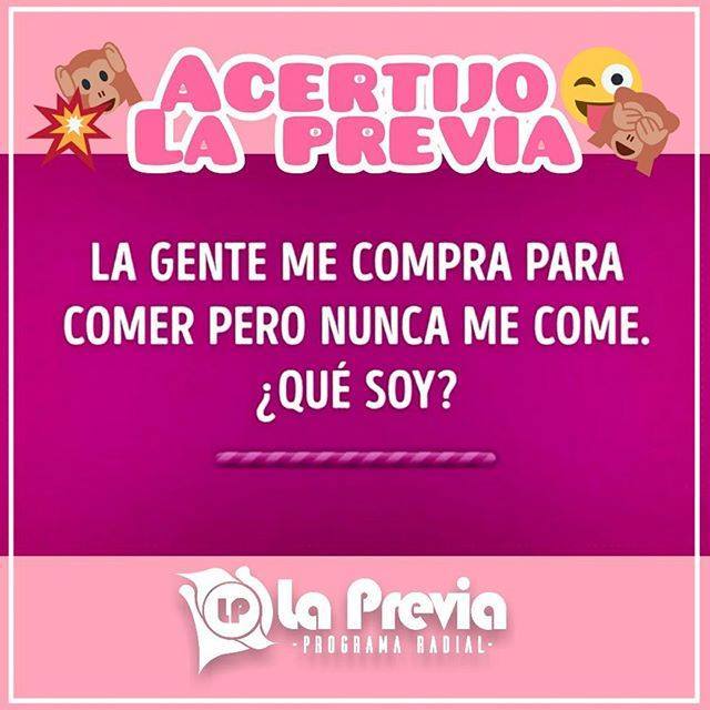 Rústico Celebridad doble La Previa on Twitter: "#Acertijo ! ⠀ La gente me compra para comer, pero nunca me come ¿Qué soy? ⠀ ⠀ Comenta! Estaremos en vivo a las 19 hs en el Link Rústico Celebridad doble La Previa on Twitter: "#Acertijo ! ⠀ La gente me compra para comer, pero nunca me come ¿Qué soy? ⠀ ⠀ Comenta! Estaremos en vivo a las 19 hs en el Link