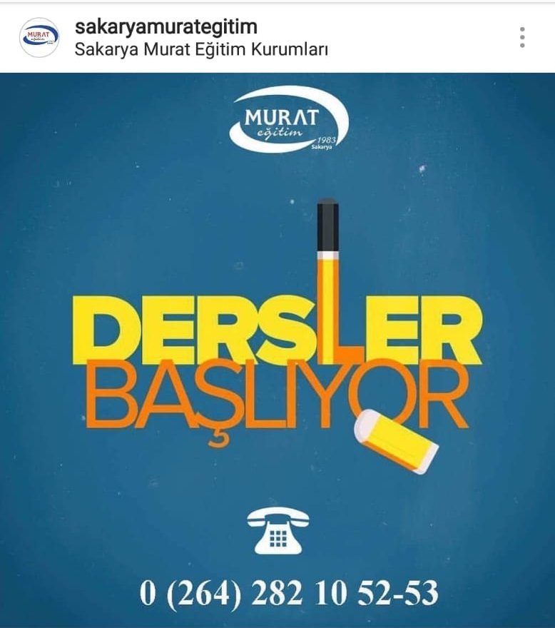 Sakarya Murat Eğitim'de dersler 15 Ekim'de başlıyor.
Yeni açılacak sınıflarda yer almak için geç kalma.
0530 516 09 60
0264 282 10 52 
Bu tweeti RT yapan arkadaşlar arasından yapılacak çekilişle Murat Yayınları Alan Bilgisi 10 çözümlü deneme sınavı hediye edilecektir.
