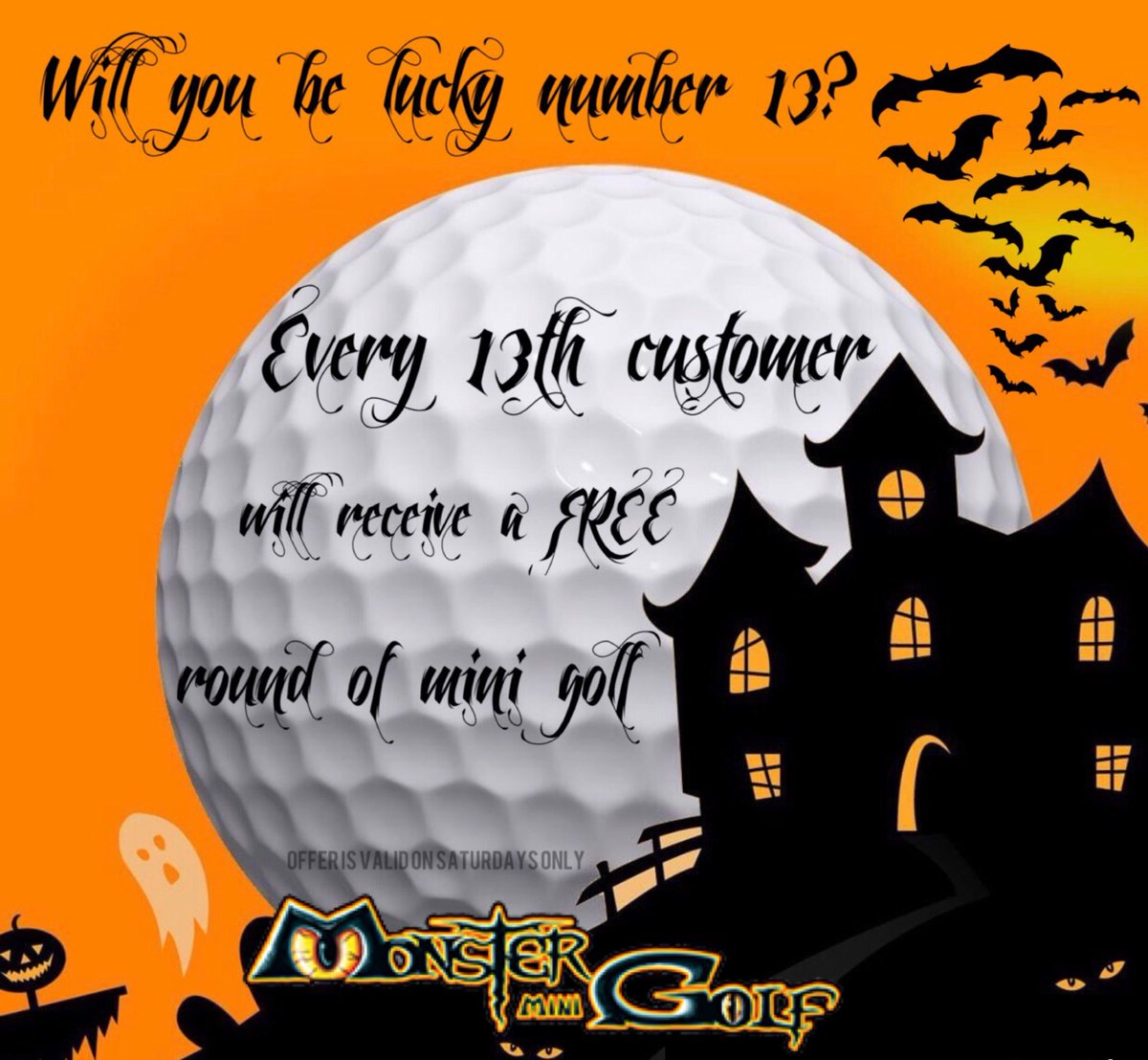 Every 13th customer will receive ONE of their rounds of mini golf completely FREE! Come in today and see if you are lucky number 13 🎃🦇