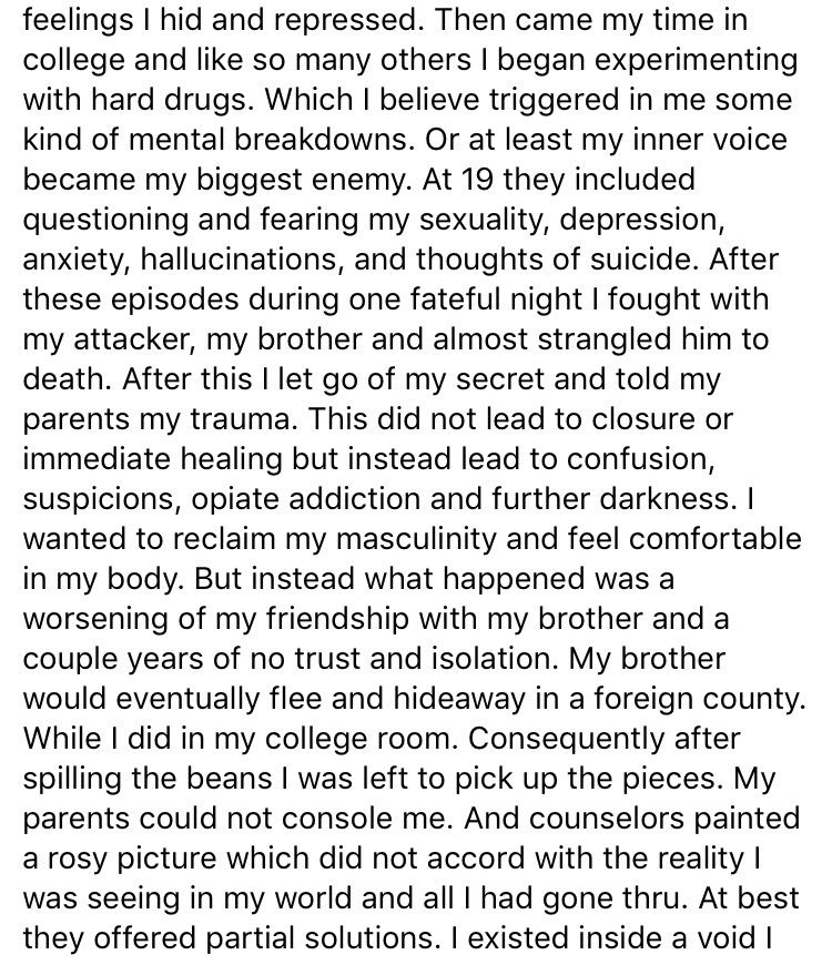 LITAstories's tweet photo. #35. “At the age of 9 over the course of a summer events occurred that today I can say destroy my sense of self especially, all important my masculinity. In 2001 I was tricked by my only older brother to perform sexual acts.” #sexualassault #mentalhealthawareness https://t.co/AZYS3mxjZu