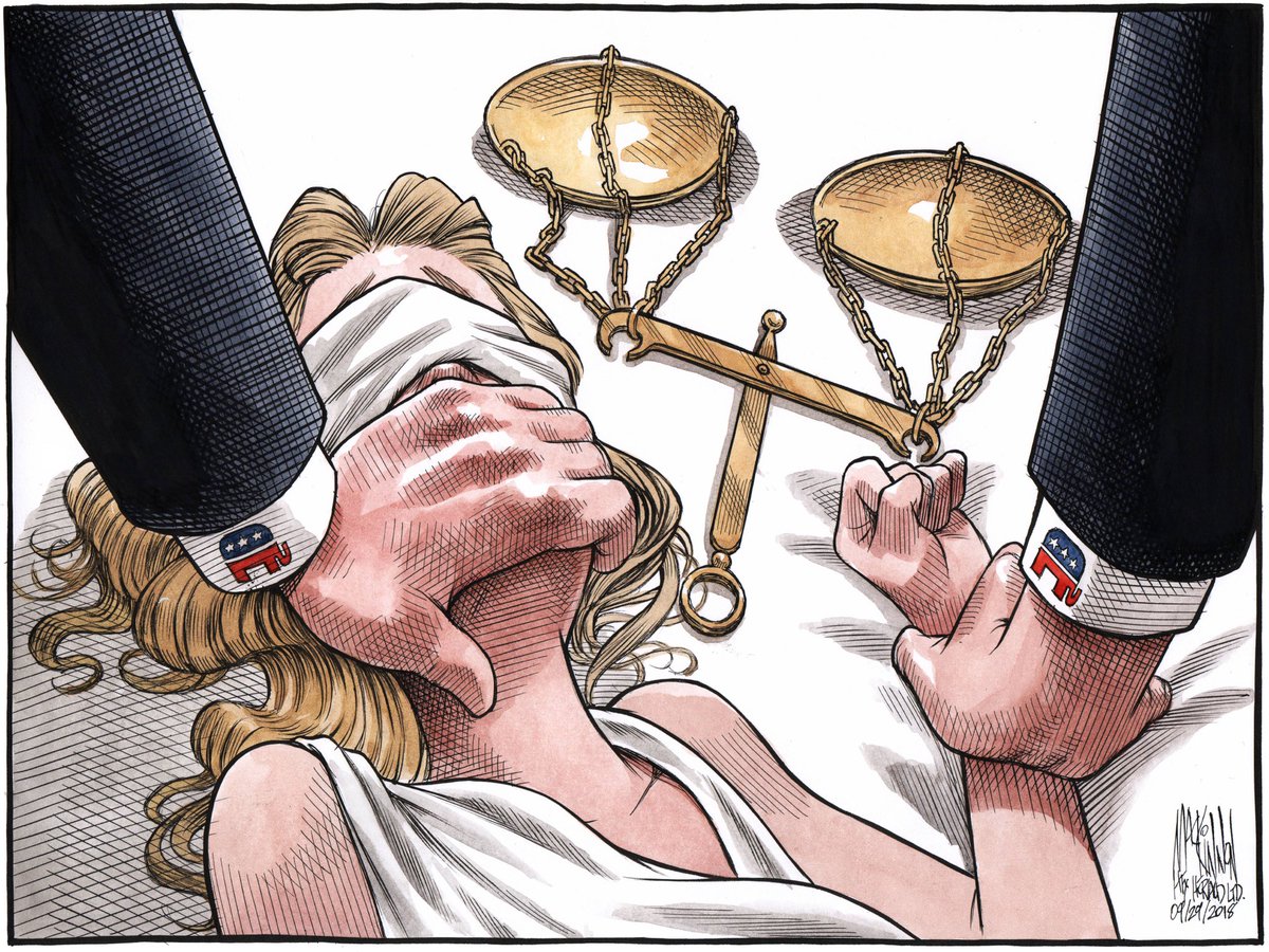 astroehlein's tweet image. Trump, a man who brags about his own sexual assaults, and his obedient Republicans have held American women down, covered their mouths, and assaulted them. In a short time, #Kavanaugh will make sure women have no legal control over their own bodies. (image by @CH_Cartoon)