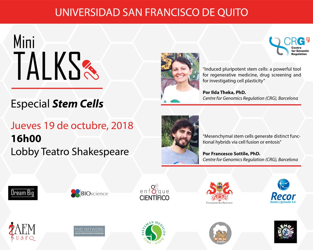 DragonBioMed's tweet photo. Ya los tenemos aquí! MiniTalk Especial Células Madres en Regeneración con @ildatheka y #Francesco_Sottile (#CRGAlumni @CRGenomica) de la iniciativa @ExpLatinAmerica en la @USFQ_Ecuador, evento @DreamBigEc y @Bihelacientific, @UTEsalud @ciggute @BIOscience_ec @e_cientifico https://t.co/OXHg4k5toO