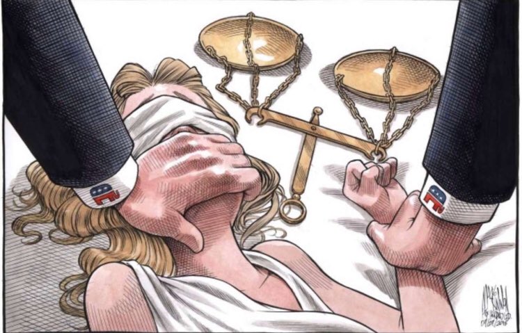 The cartoon of Lady Justice on her back with the GOP’s hand over her mouth was drawn by Bruce MacKinnon.