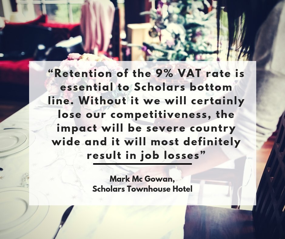 There is no doubt that the loss of the 9% VAT rate will equal a loss in jobs for the hospitality sector. #KeepVat9 #Budget19 

<a href="/podonovan/">Patrick O'Donovan</a> <a href="/campaign4kehoe/">Paul Kehoe</a> <a href="/peterburkefg/">Peter Burke</a> <a href="/PFitzpatrickTD/">Peter Fitzpatrick</a> <a href="/ReginaDo/">Regina Doherty MEP</a> <a href="/RichardbrutonTD/">Richard Bruton</a> <a href="/RobertTroyTD/">Robert Troy TD</a> <a href="/SeanBarrettTD/">Sean Barrett</a> <a href="/SeanCanney/">Sean Canney TD</a> <a href="/SeanFlemingTD/">Seán Fleming</a> <a href="/mrkmcgowan/">Mark McGowan</a>