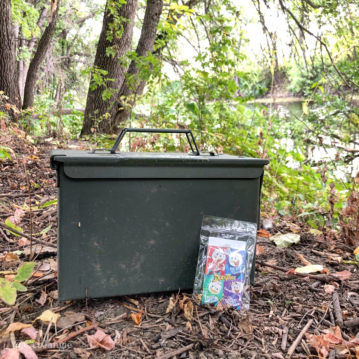 GeoJangie's tweet photo. What’s better than an ammo can? An ammo can with an unactivated #DuckTalesCache TB waiting for the next finder! 🦆 The J and I found this cache awhile back in Minot, ND’s Oak Park. Two cachers have logged it since then, but do you think one of them took the TB? #geocaching https://t.co/XqQwOtLyj4