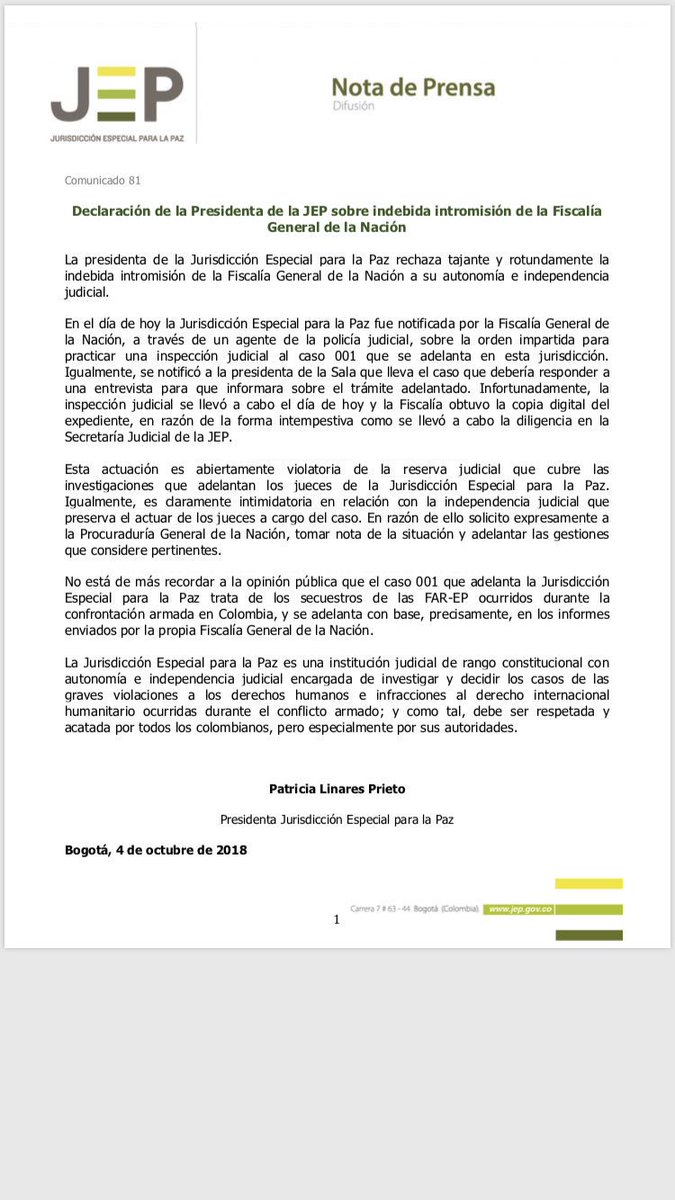 Fiscal General criminaliza acciones del acuerdo de paz:  mantiene preso a Santrich, sin prueba ni cargo. Ahora allana arbitrariamente y sustrae ilegalmente documentos de expediente de la JEP, violando su autonomía y como parte de sus ataques contra la paz
