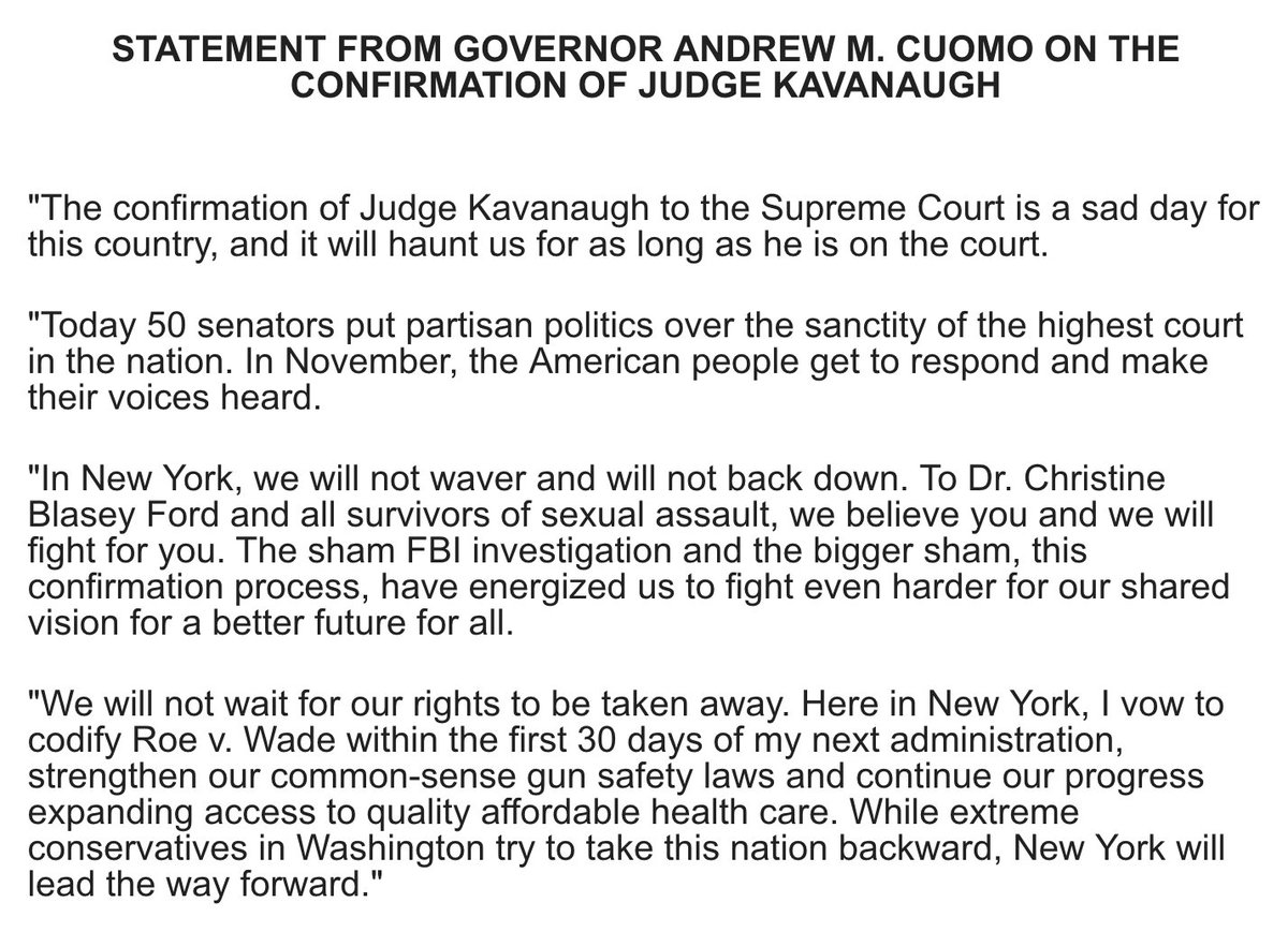 NYGovCuomo's tweet photo. Today is a sad day for this country, and Judge Kavanaugh's confirmation will haunt us for as long as he is on the court.

In New York, we will not waver and will not back down. To Dr. Blasey Ford and all survivors of sexual assault, we believe you and we will fight for you. https://t.co/XgafovY1p9
