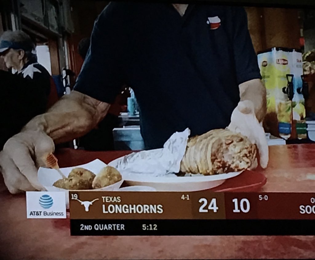 RanBoone's tweet photo. You too can eat this. Hans Mueller tent just south of main stage and Farm Pac tent just down the road. Bacon wrapped 🦃 leg and BBQ sauce injected brisket balls. #HookEm #FarmPac #Longhorns https://t.co/i3ors6qUva