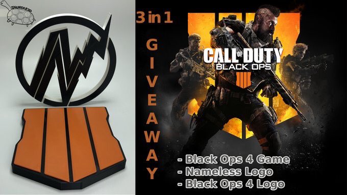 NAMELESS's tweet photo. 🚨 Black Ops 4 Giveaway 🚨 
3 Prizes!
RT &amp; Follow to enter
@Shurdle3D &amp; @NAMELESS

- Black Ops 4 Game (any system)
- Black Ops 4 3D Printed Logo
- Nameless 3D Printed Logo

Winner drawn Thursday night, Oct 11, 2018. https://t.co/oW7WKtfy4K