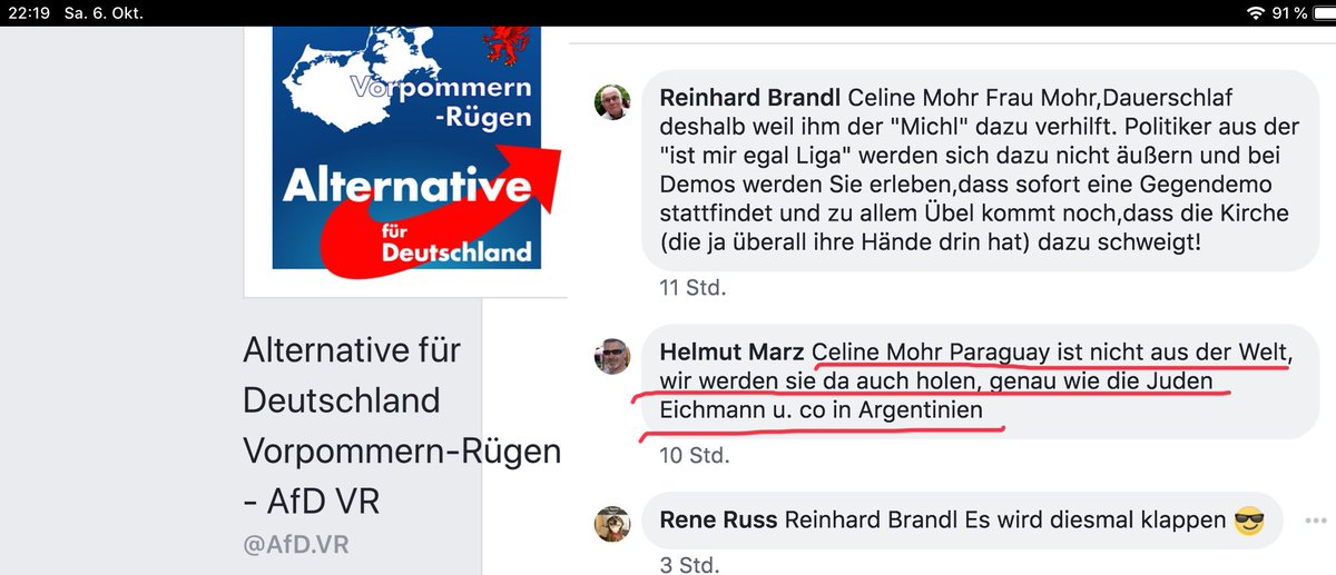 DerNorb's tweet photo. Auf der @facebook Seite der #AfD #Vorpommern #Rügen möchte man #Merkel “holen“ so wie #Eichmann...🤮
Verantwortlich sind Dario #Seifert, Student an der Uni #Greifswald und Joachim #Langert, letzterer ist beim @weisserring #Rügen tätig, richtig?
Widerlich! https://t.co/gjPZqdVgVR