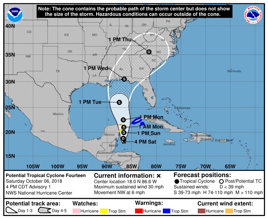 KayleeNixWX's tweet image. The NHC has declared Potential Tropical Cyclone 14 just south of the Yucatan Peninsula. Northward movement could bring showers to our area later next week. #thingstowatch