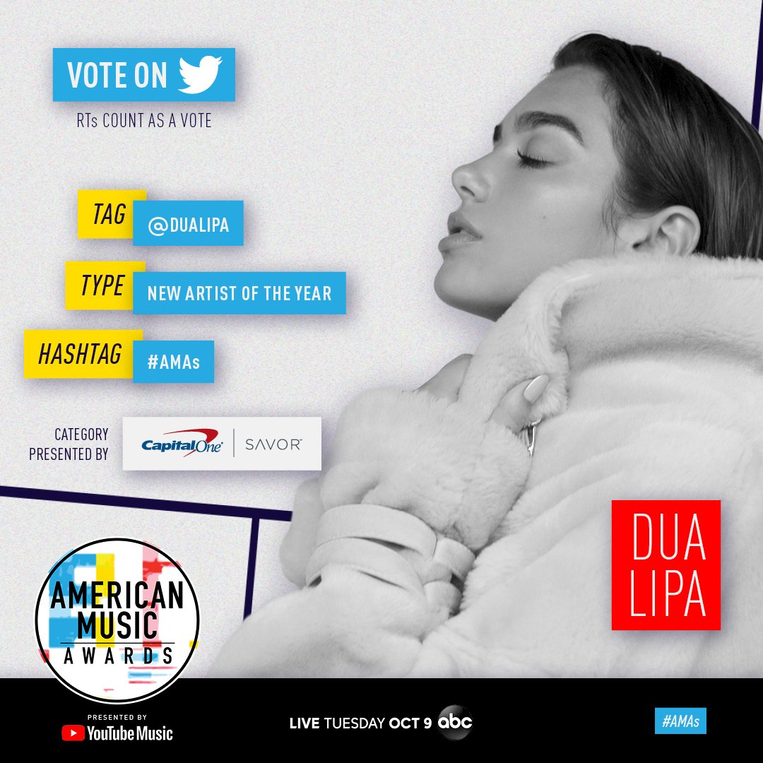 AMAs's tweet photo. The clock is ticking! RT to vote for @DUALIPA as New Artist of the Year at the #AMAs! https://t.co/Tc7XDCjfTO