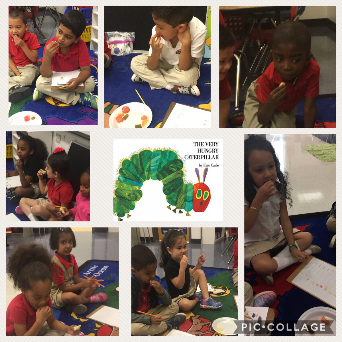 MrsLRPope's tweet photo. My @IsonKinder students sampled foods from the story #TheVeryHungryCaterpillar by @ericcarle, that they have never been exposed to. Some they enjoyed. Some, not so much!😆#Realia. #ESOLListening #ESOLSpeaking #ESOLReading #ESOLWriting @ISONESOL @isesESOL @IsonSpringsES https://t.co/Tp6arg8Zk5