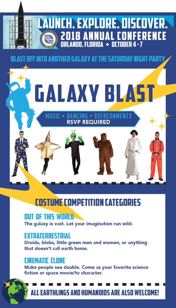 TheSDMS's tweet photo. Are you ready to party? Blast Off into another galaxy in Windermere X! The Saturday Night Party begins at 8pm. Get your costume ready! #SDMS2018 https://t.co/ZnljRNlFZn