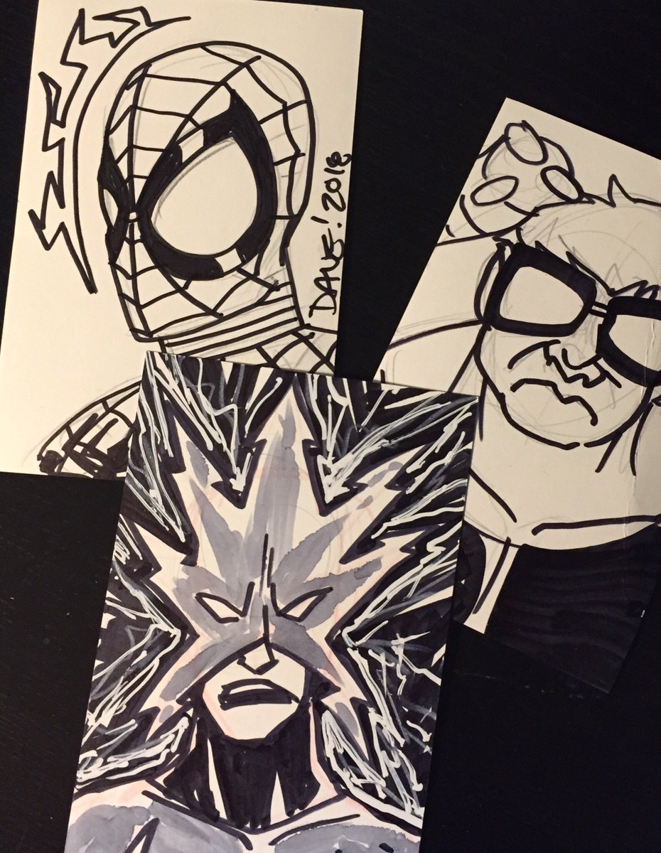 Ouch_'s tweet photo. Spidey, Doc Ock meet Electro! Thanks to @davewheeler for another sketch at @MCBAcomicons #FallCon2018 https://t.co/C0RWvgqkCO