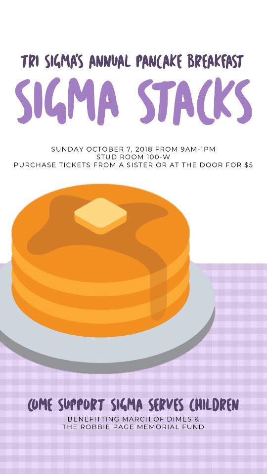 TriSigma_TCNJ's tweet photo. Don’t forget! Sigma Stacks is TOMORROW! In stud 100-W from 9am-1pm! You can purchase your ticket at the door for $5! We hope to see you there!💜🥞 https://t.co/i9r6pdOi2r