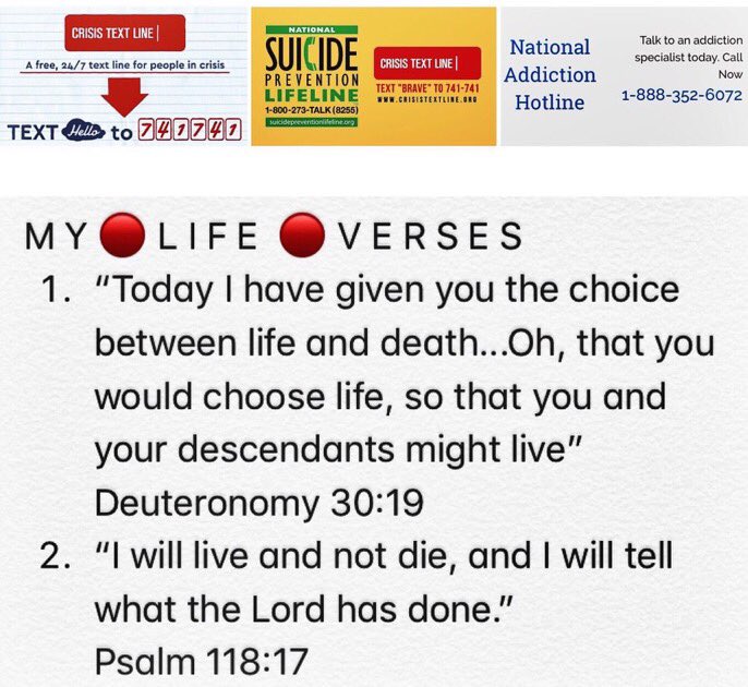 hfunkpalacios's tweet photo. Save, Share, Screenshot. Be armed &amp; ready if someone needs it. #crisistextline #addictionhotline #suicidelifeline #bibleverses https://t.co/1kCDBHjplg