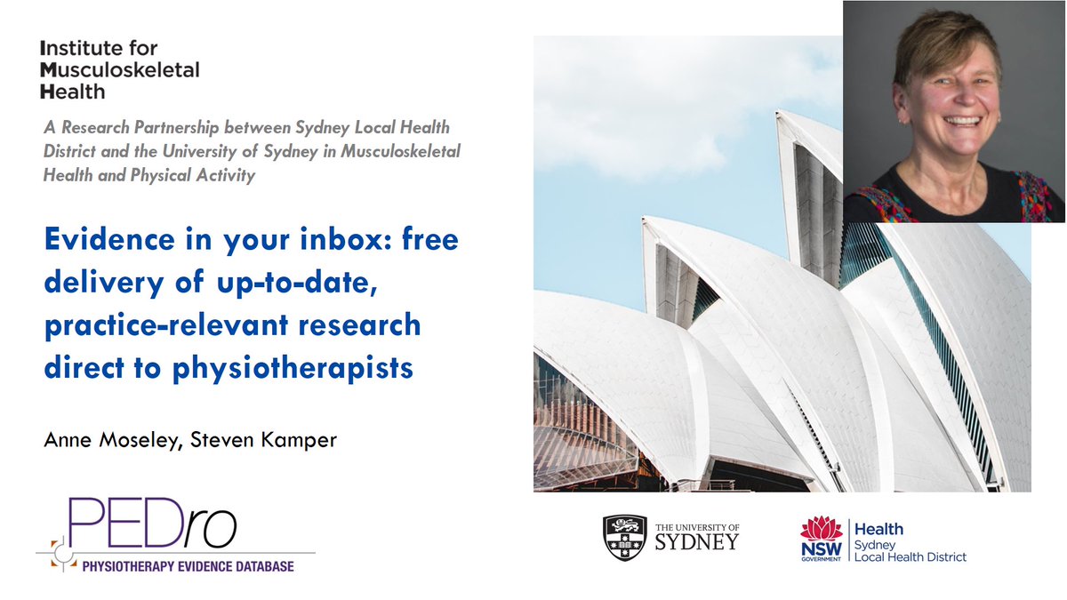 msk_health's tweet photo. Our A/Prof Anne Moseley spoke at #apanext2018 on @PEDro_CEBP’s evidence in your inbox service, free monthly email updates on the latest physiotherapy evidence. Sign up now https://t.co/0pxJGPLSDQ https://t.co/8USxyJp8bs