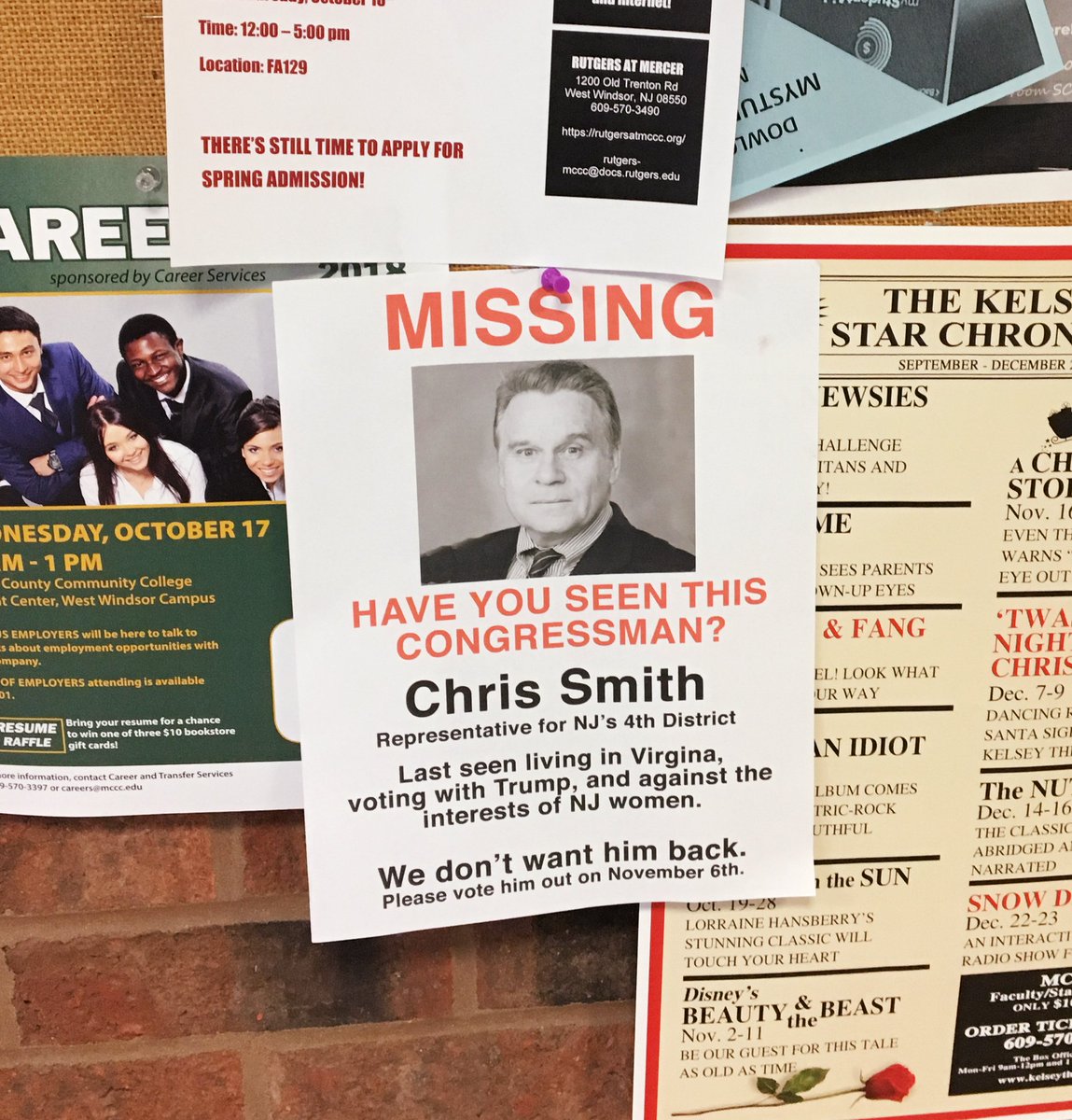 kategabrielle's tweet photo. Channeling my anguish into something productive today. I printed up some flyers and hung them up at my local grocery store &amp; alma mater. If it makes just one person think about voting my terrible Republican congressman out, then it was worth it. https://t.co/0ZvHkNBj7e