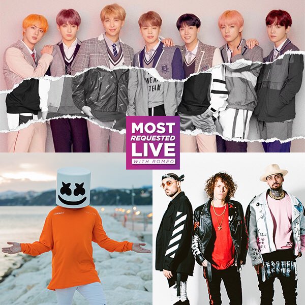 MostRequestLive's tweet photo. Join us for a Saturday night dance party! 💃🏼🕺🏻#MostRequestedLive is ON your radios coast to coast &amp; we’ve got @bts_bighit, @marshmellomusic &amp; @cheatcodes answering your Qs tonight! 📻🙌🎉 tweet your questions &amp; requests for @onairromeo - we’re LIVE coast to coast! 🇺🇸🇨🇦 https://t.co/xfEMEoM3TI