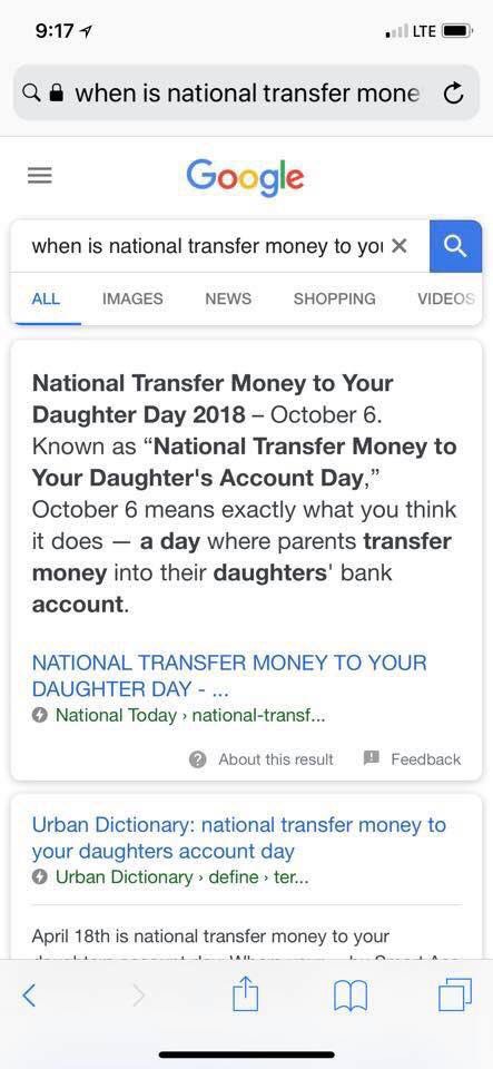 National Transfer Money To Your Daughter Day October 6 2019 Life In The Valley Rivervalleynow Com