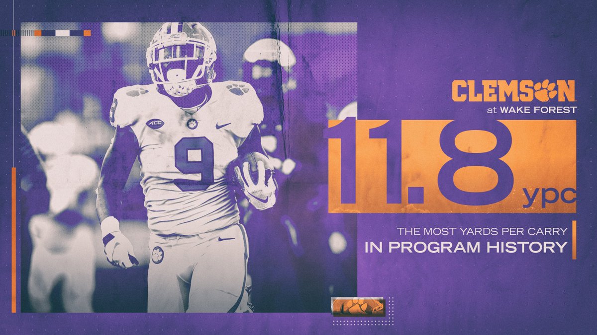 ClemsonFB's tweet photo. Clemson's 11.8 yards per carry is the highest output in the program's 1,239-game history, surpassing the 11.2 YPC mark set against Georgia Tech in 1903 #ALLIN 🐅 https://t.co/l4jTfUWq20