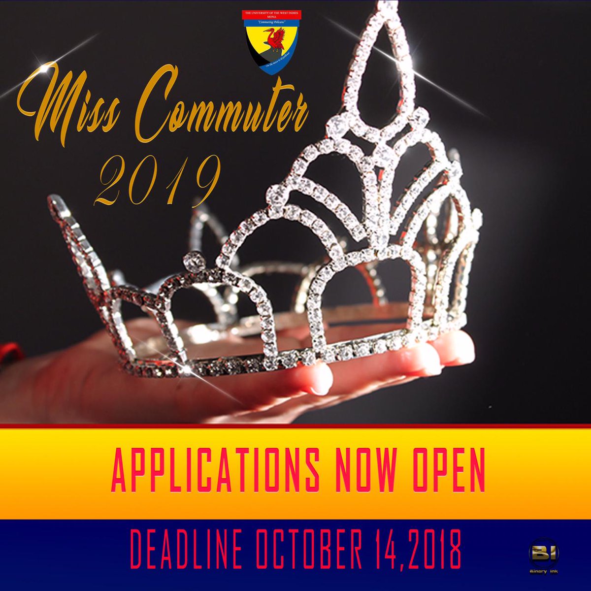 UWIMonaGuild's tweet photo. Applications are NOW OPEN❗❗❗ It’s here again where the “Miss Commuters Pageant” returns.👑👑👸
Do you have what it takes ?? Who will be 👑? 

Deadline: October 14, 2018
Visit @monacommuters for the application form. Link in the bio ❗❗
#WEARECOMMUTERS #WEAREUWI #MISSCOMMUTERS https://t.co/eok0ZNCzWt