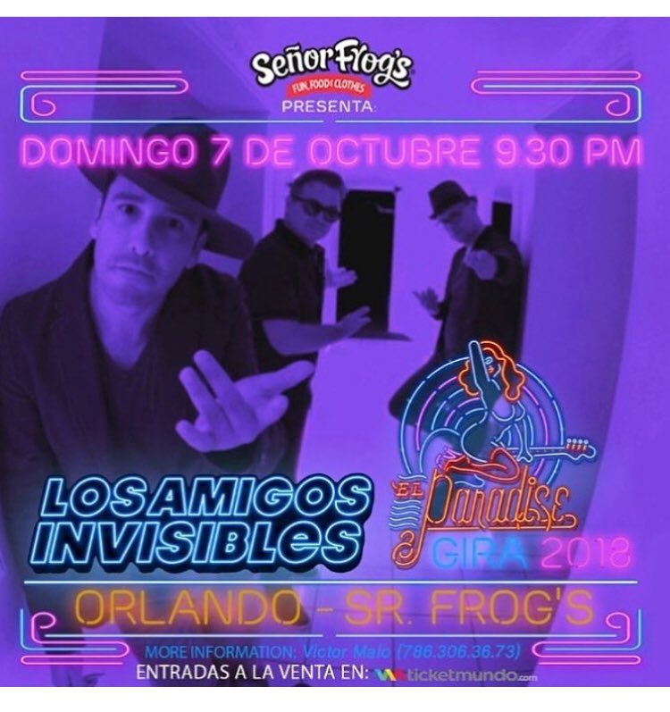 MAÑANA DOMINGO!!!!!!
LOS AMIGOS INVISIBLES EN CONCIERTO 
SEÑOR FROGS ORLANDO 
PRÓXIMO DOMINGO 7 DE OCT, HORA 9:30pm
ENTRADAS A LA VENTA EN TICKETMUNDO.COM
INFO 786-3063673 
<a href="/victormalo/">victor malo</a> <a href="/amgsinvisibles/">Los Amigos Invisibles</a> @dnocheorlando @mvproductions_usa