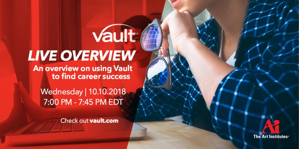 AiLV's tweet photo. Calling all students! As the job market continues to change, your strategies for finding employment should also change. Tune in to our "Vault Live Overview" on 10/10/18 to learn how you can use Vault to find career success! https://t.co/zRjsdqL7DE https://t.co/XQZ1cs2OJv