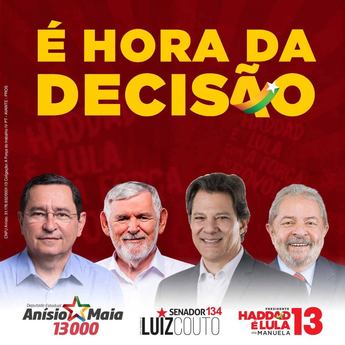 anisiomaiapb's tweet photo. Amanhã vamos de Fernando Haddad Presidente, João Azevedo Governador, Luiz Couto e Veneziano Senadores, os/as Federais da nossa coligação e Anísio Maia Deputado Estadual! À vitória! A luta continua! #AnisioMaia13000 #HaddadPresidente #Joao40 #LuizCouto134 #Veneziano400 https://t.co/KibJx9imLQ