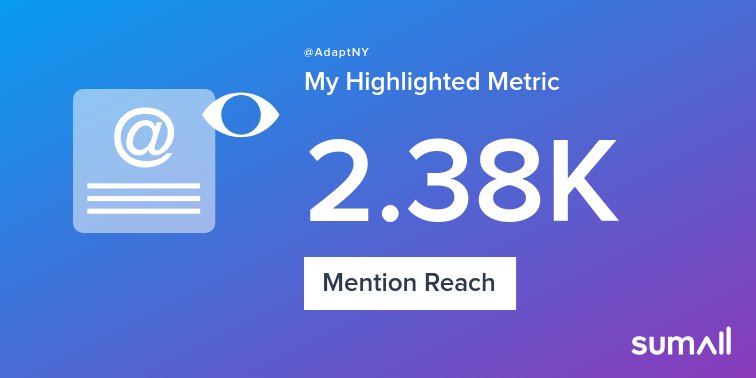 AdaptNY's tweet image. My week on Twitter 🎉: 1 Mention, 2.38K Mention Reach, 2 New Followers. See yours with sumall.com/performancetwe…
