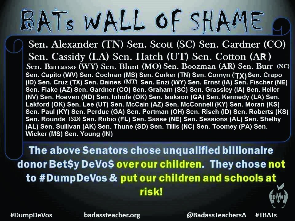NebraskaBATs's tweet photo. Wall of Shame โ Never forget @senategop who let down our children, teachers, schools & communities by voting for unqualified privatizer like #BetsyDeVos #WeRememberinNovember #VoteThemOut #TBATs
@BadassTeachersA https://t.co/d9zzzGrleJ