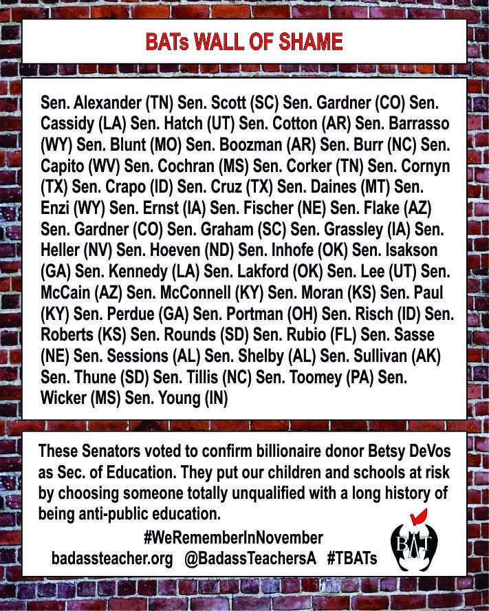 NYStateBATs's tweet photo. Wall of Shame โ Never forget @senategop who let down our children, teachers, schools & communities by voting for unqualified privatizer like #BetsyDeVos #WeRememberinNovember #VoteThemOut #TBATs
@BadassTeachersA https://t.co/MQHkdj5jWV