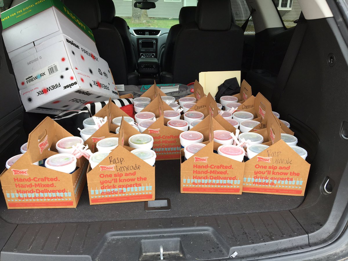 MeganFlohr's tweet photo. Our staff got a little survival treat for night #2 of conferences. I think the workers @sonicdrivein thought I was crazy!  Happy hour all day on the app!  #thevikelife #eesfamily #culturecommittee https://t.co/bbVLgrFrQ7