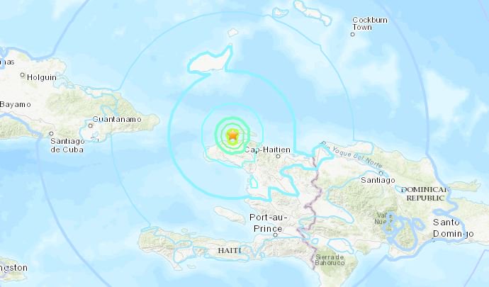 CBCAlerts's tweet photo. The U.S. Geological Survey says an earthquake with a preliminary magnitude of 5.9 has shaken northwestern Haiti. No immediate reports of damage or injuries, but a quake of this size is capable of causing moderate to heavy damage. (Map: USGS) https://t.co/0ZdtN0qFQU