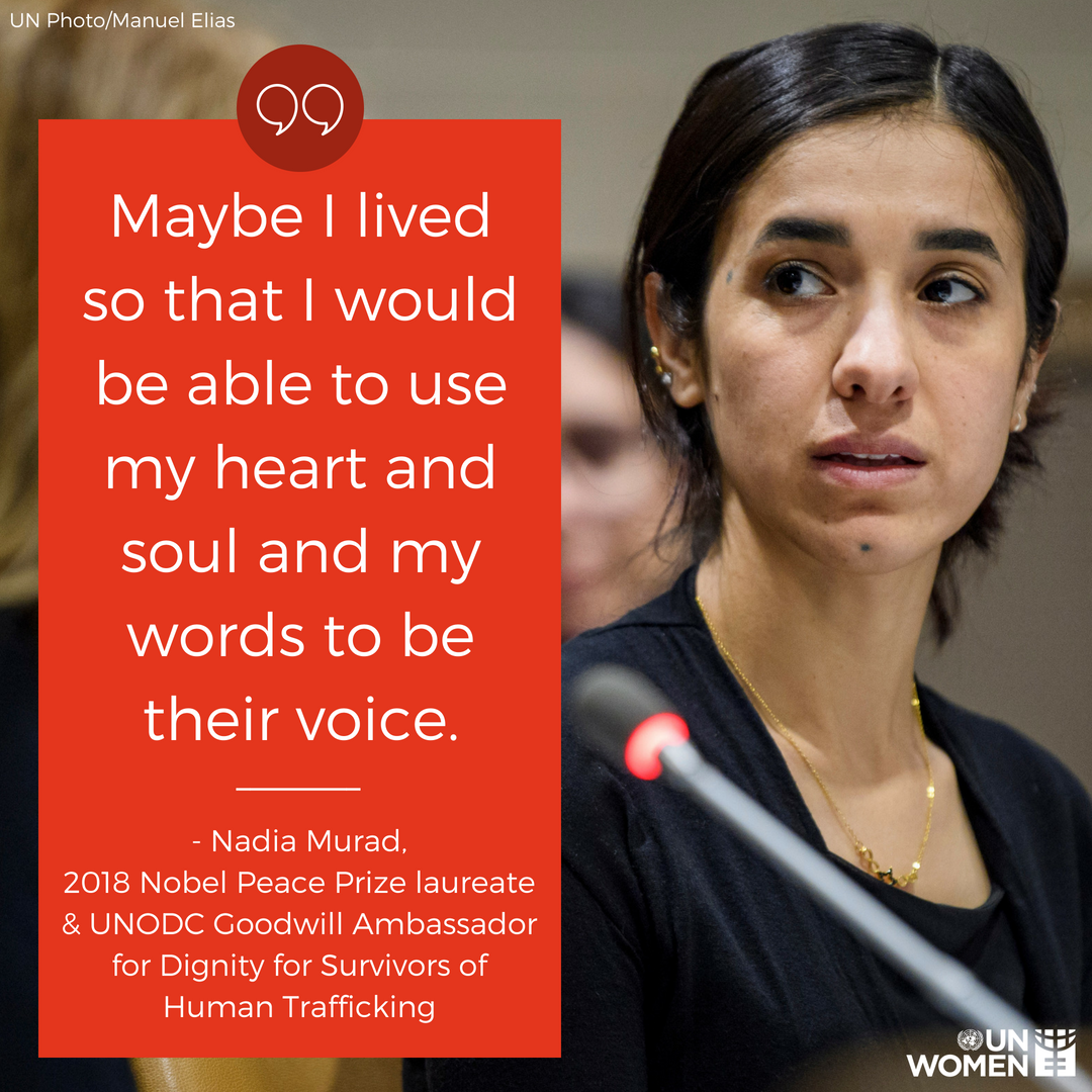 UN_Women's tweet image. "I share this award with Yazidis, Iraqis, Kurds, other persecuted minorities and all of the countless victims of sexual violence around the world." - @NadiaMuradBasee, 2018 #NobelPeacePrize laureate. ow.ly/i94V30m7rhc