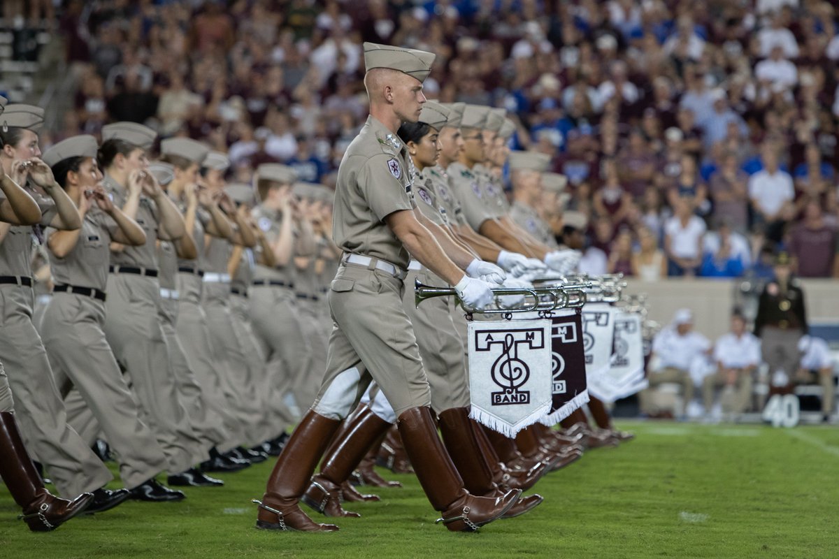 Band marching out of the endzone of kyle field
