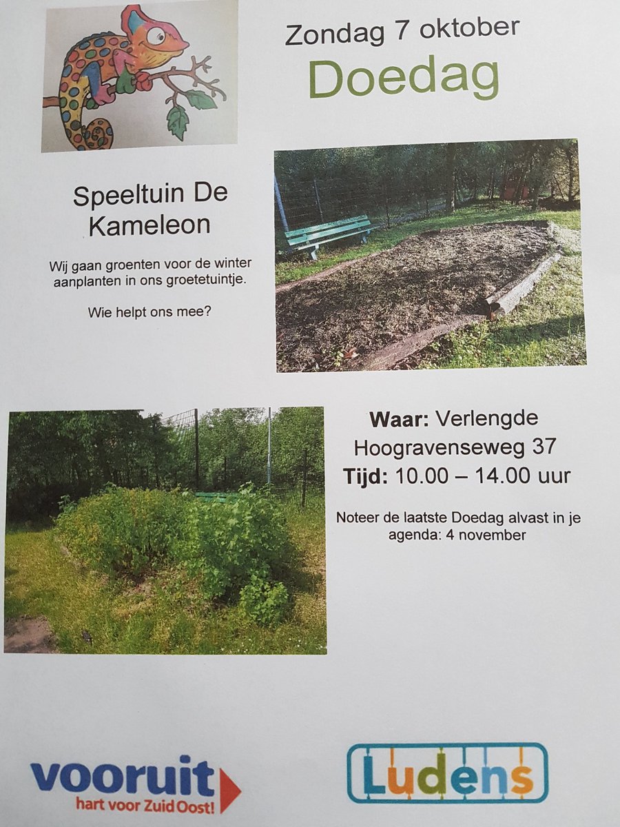 Om 10 uur begint de Doedag in <a href="/speeldekameleon/">Speeltuin De Kameleon</a> #Hoograven.
Komen jullie ook?