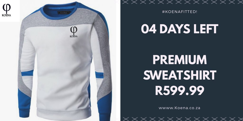 Koena_za's tweet photo. 04 Days left..
Premium Sweatshirts
R599.99. #KoenaFitted #QuitQuitting https://t.co/fFs028zxER